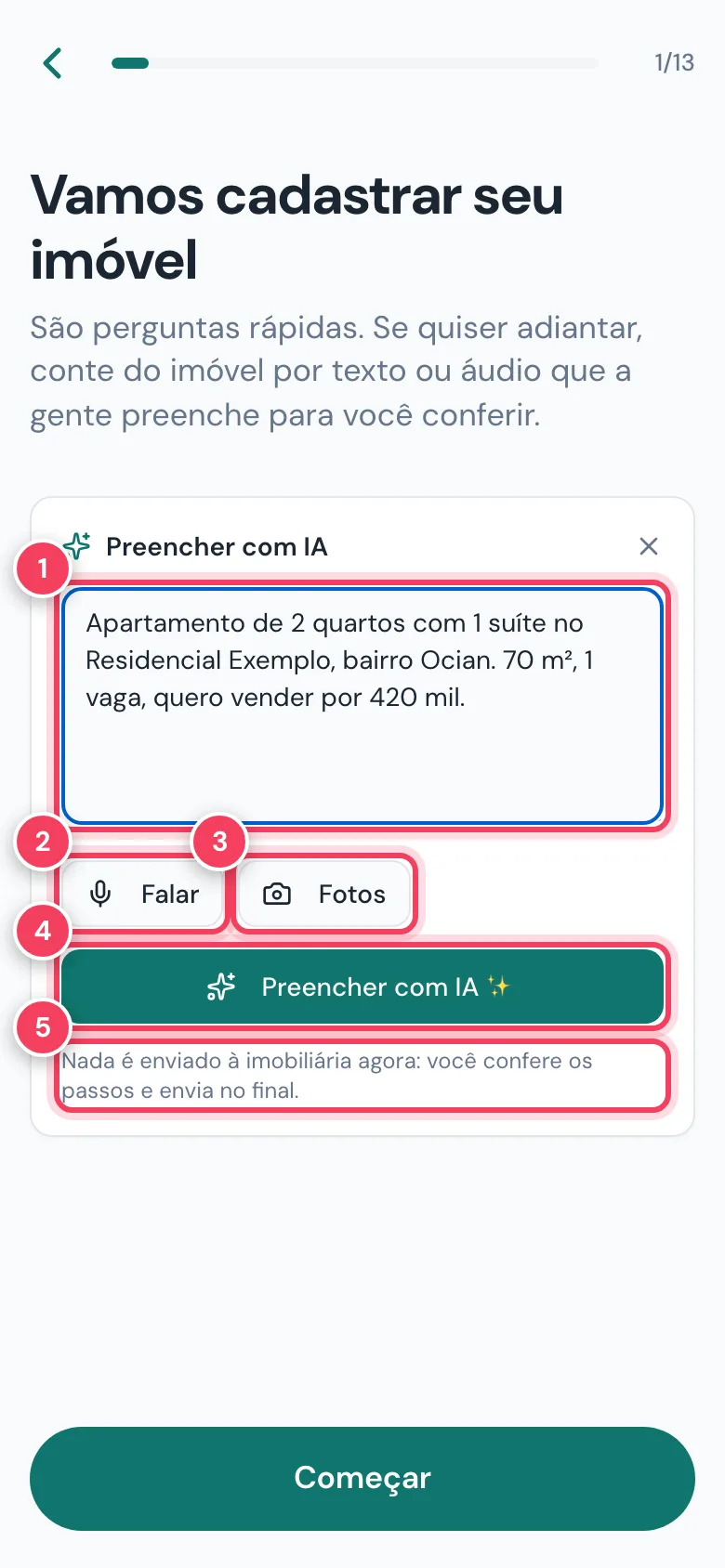 Preencher com IA com texto de exemplo, os botões Falar, Fotos e Preencher com IA e o aviso de que nada é enviado marcados