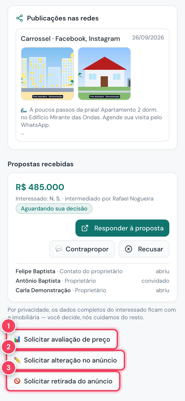 Final do painel do imóvel com os botões Solicitar avaliação de preço, Solicitar alteração e Solicitar retirada marcados