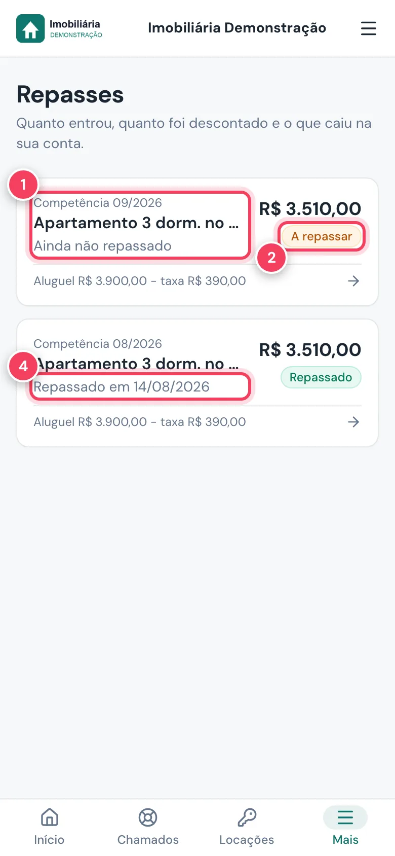 Repasses com a competência, a situação A repassar e um repasse já feito marcados
