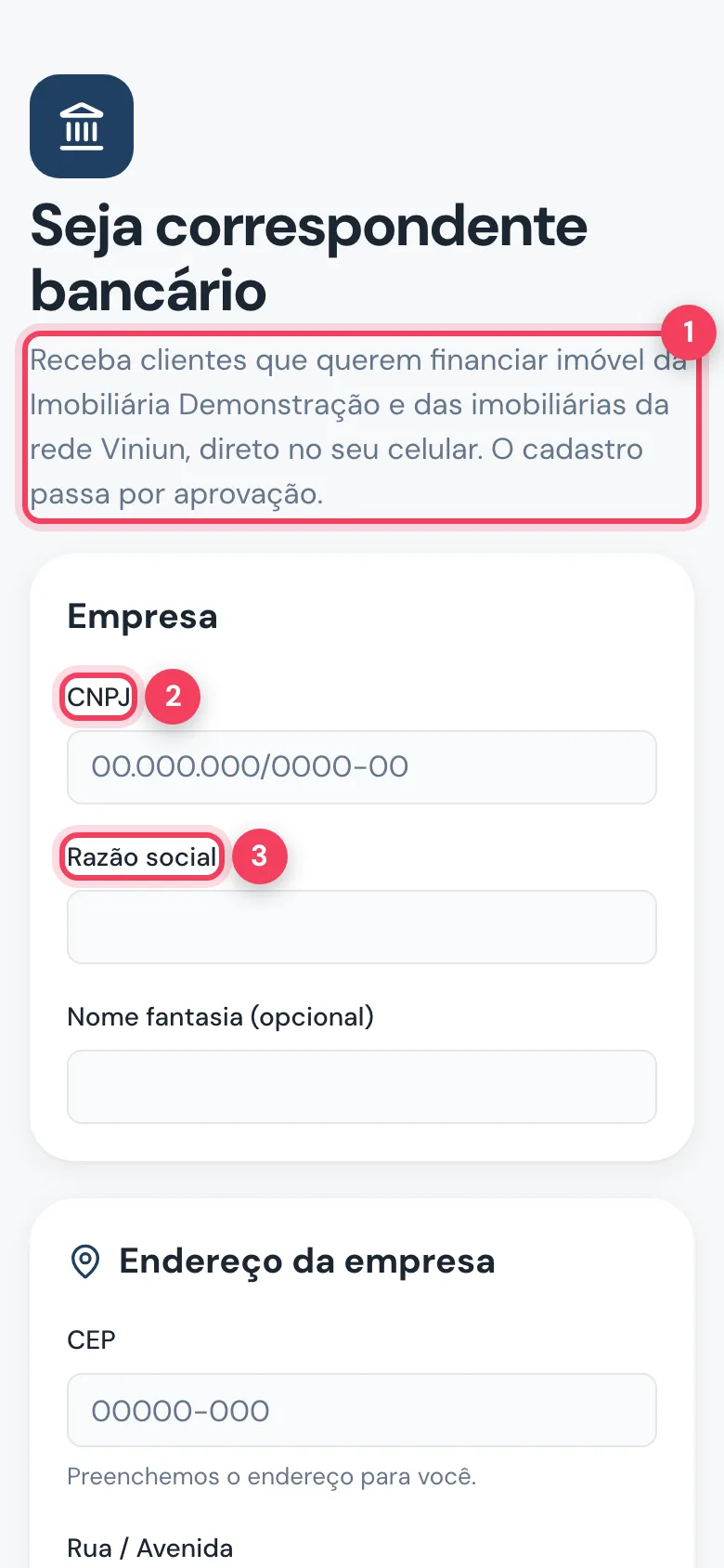Cadastro Seja correspondente bancário com chamada, CNPJ e Razão social marcados