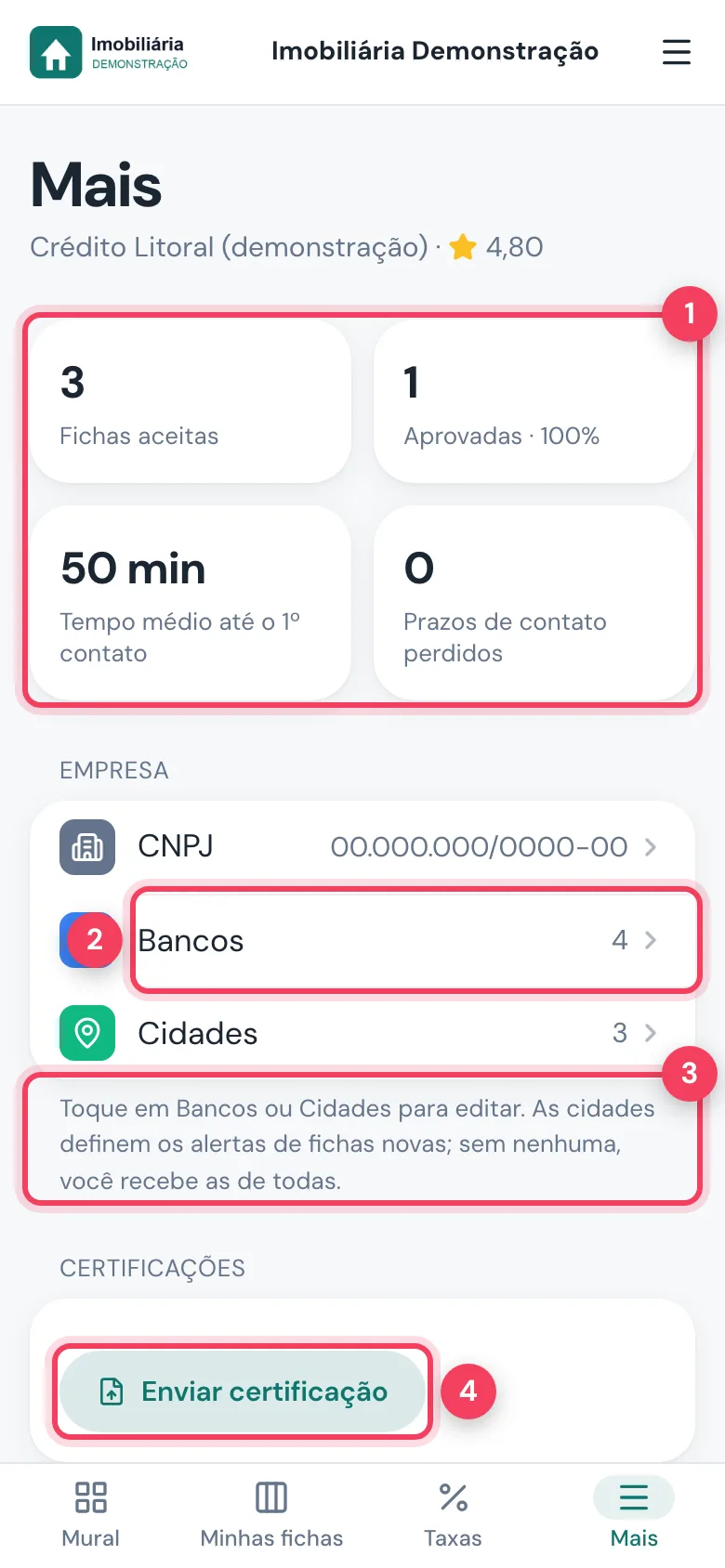 Tela Mais com indicadores, Bancos, aviso sobre cidades e Enviar certificação marcados
