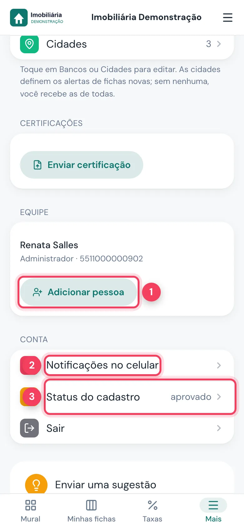 Equipe e conta com Adicionar pessoa, Notificações no celular e Status do cadastro marcados