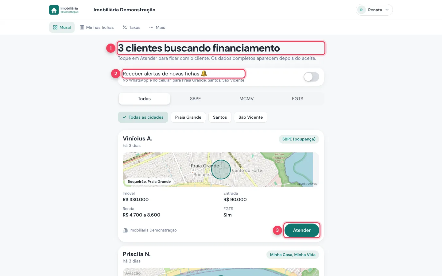 Mural no computador com contador, alertas e botão Atender marcados