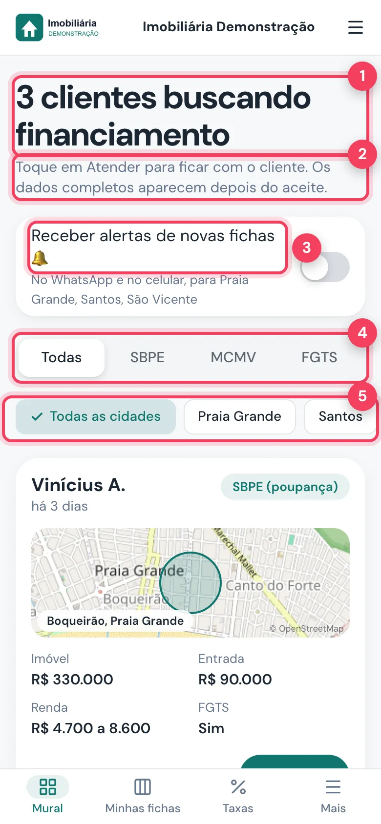 Mural com contador de clientes, aviso de aceite, Receber alertas, filtros de modalidade e de cidade marcados