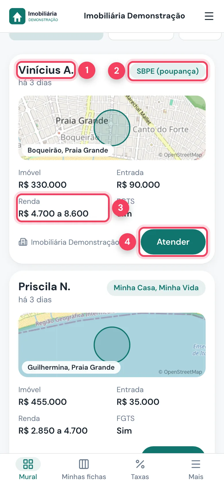 Card de ficha com nome curto, modalidade, faixa de renda e botão Atender marcados