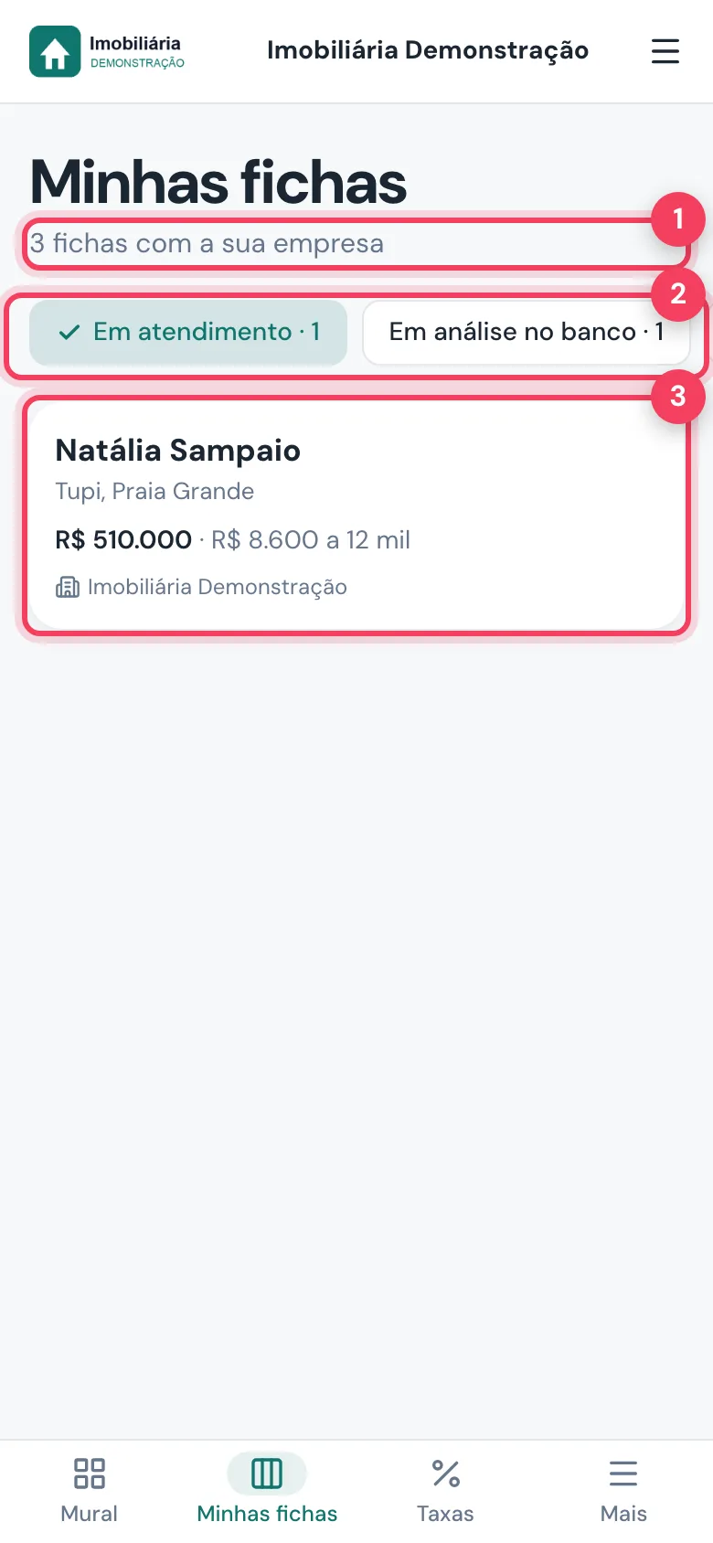 Minhas fichas com total, abas de situação e ficha marcados