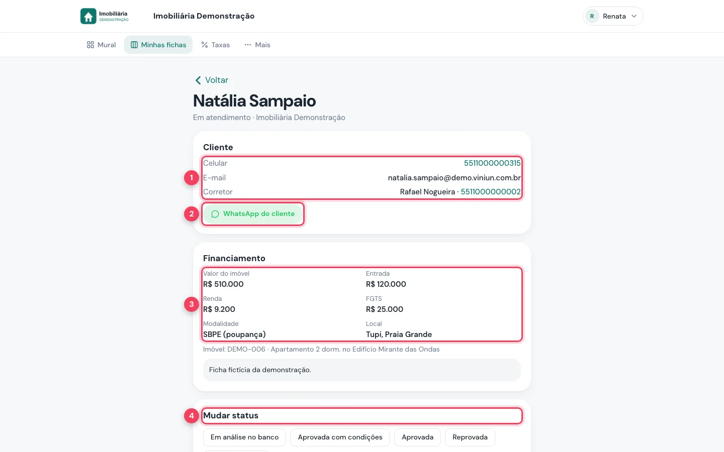 Ficha no computador com dados do cliente, WhatsApp do cliente, dados do financiamento e Mudar status marcados
