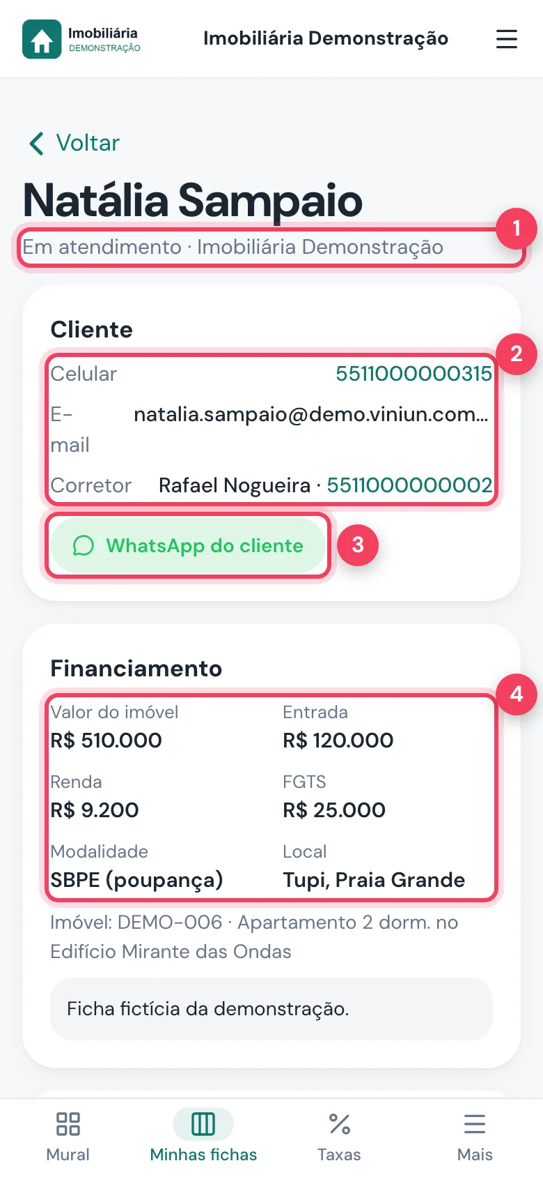 Ficha aceita com situação, dados do cliente e do corretor, WhatsApp do cliente e dados do financiamento marcados