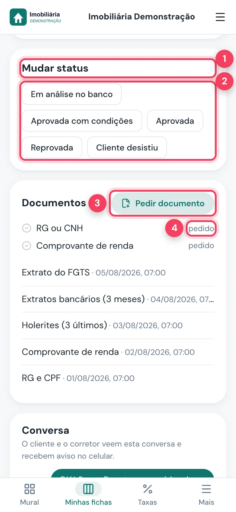 Ficha com Mudar status, opções de status, Pedir documento e documento pedido marcados