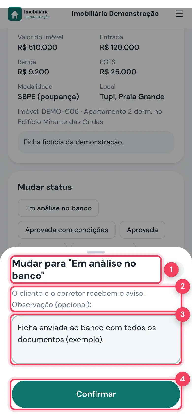 Confirmação Mudar para Em análise no banco com aviso, observação e Confirmar marcados