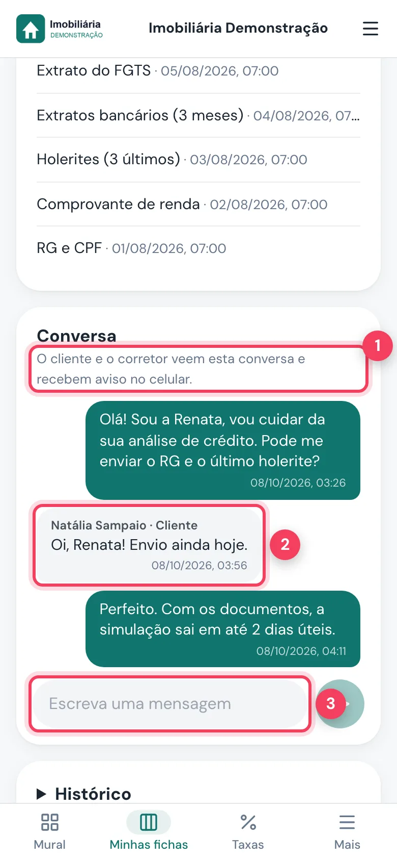 Conversa da ficha com aviso de quem vê, mensagem do cliente e campo de mensagem marcados