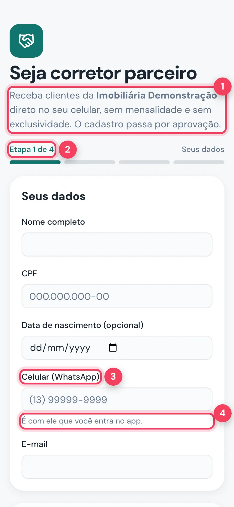 Cadastro Seja corretor parceiro com chamada, Etapa 1 de 4, campo Celular WhatsApp e aviso de login marcados