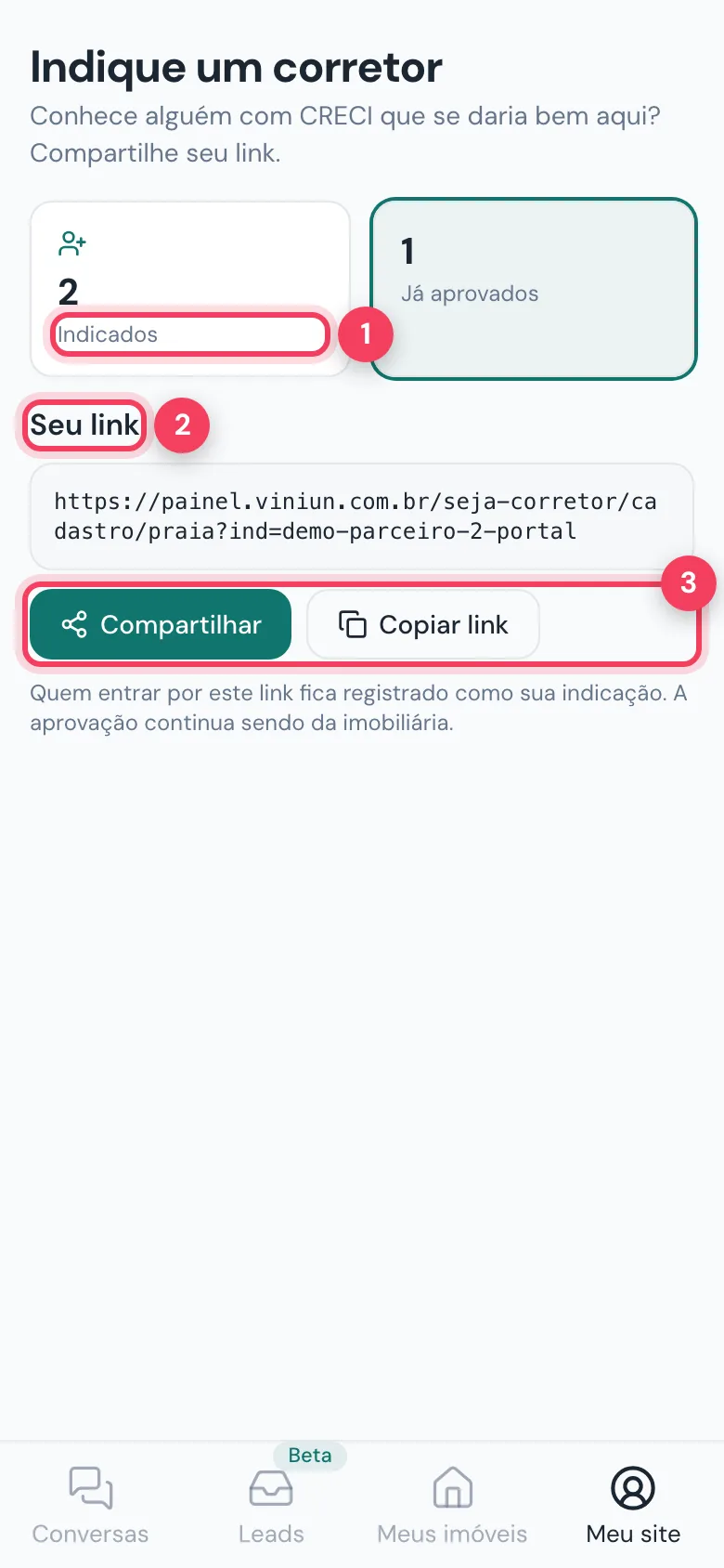 Indique um corretor com total de indicados, Seu link e botões de compartilhar marcados
