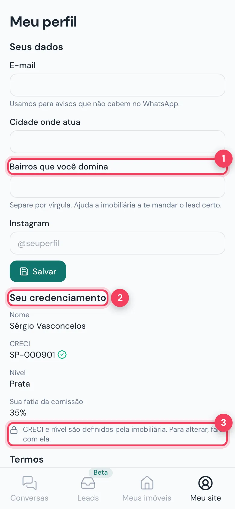 Meu perfil com Bairros que você domina, Seu credenciamento e aviso de CRECI e nível marcados