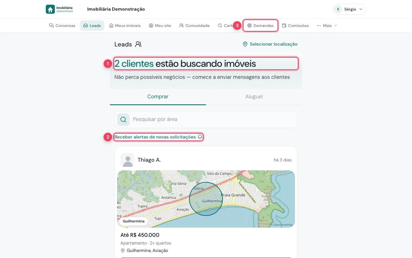 Mural de leads no computador com contador, Receber alertas e menu Demandas marcados