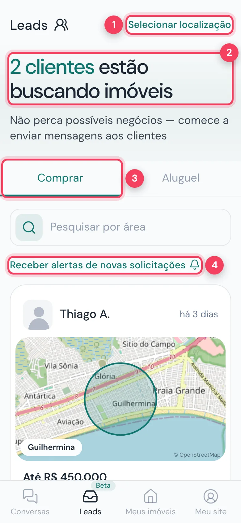 Mural de leads com Selecionar localização, contador de clientes, aba Comprar e Receber alertas marcados