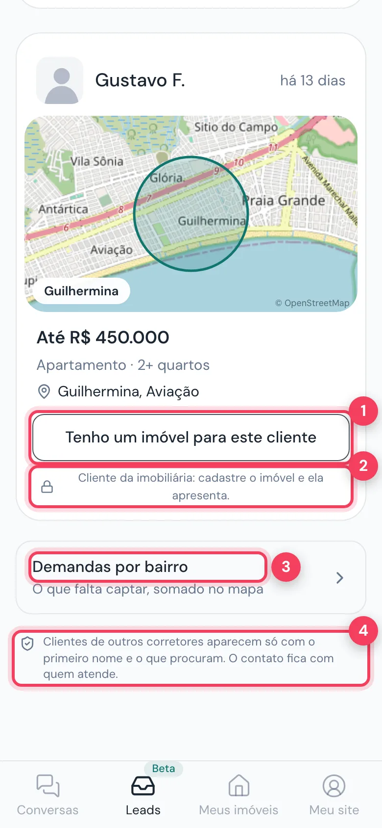Card do mural com Tenho um imóvel para este cliente, aviso de cliente da imobiliária, Demandas por bairro e aviso de privacidade marcados