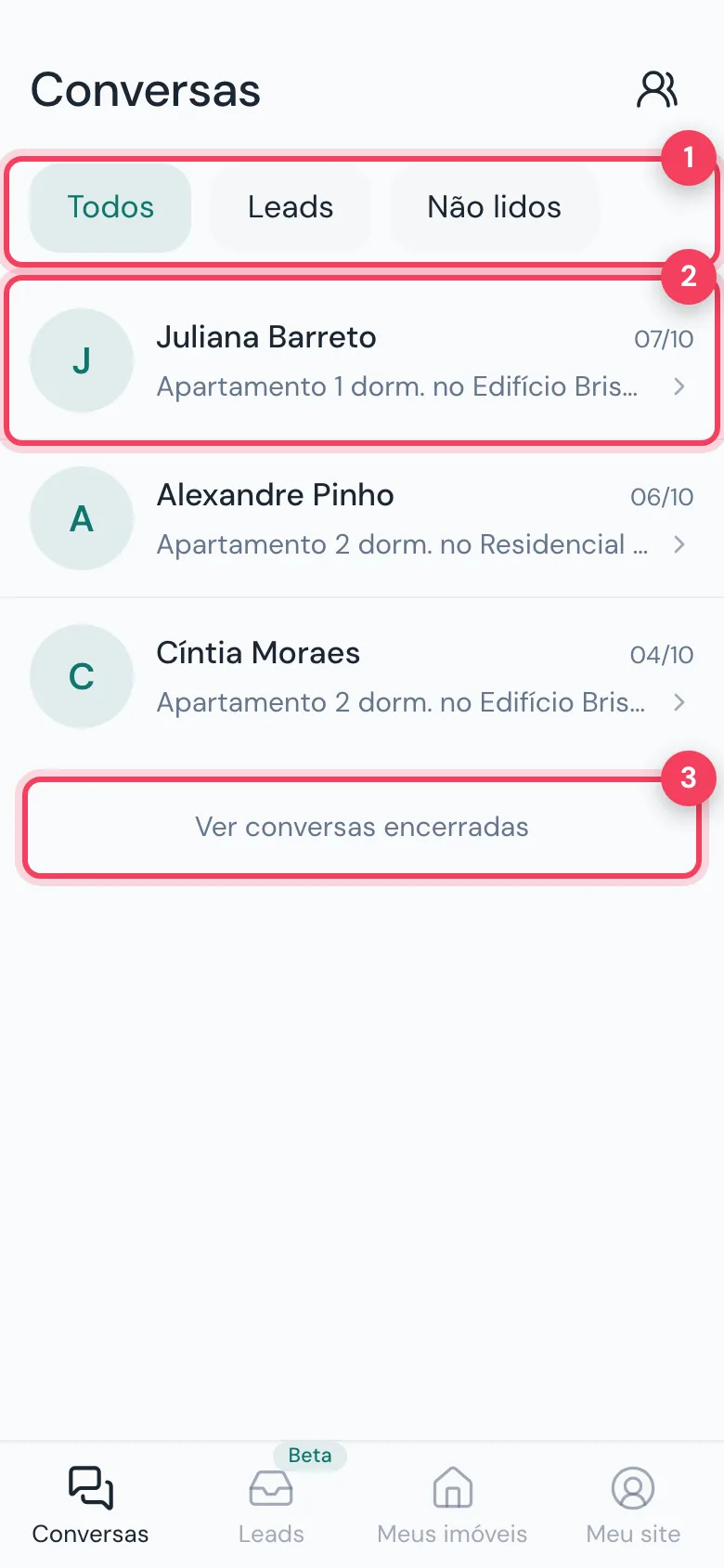Conversas com filtros Todos, Leads e Não lidos, uma conversa e Ver conversas encerradas marcados