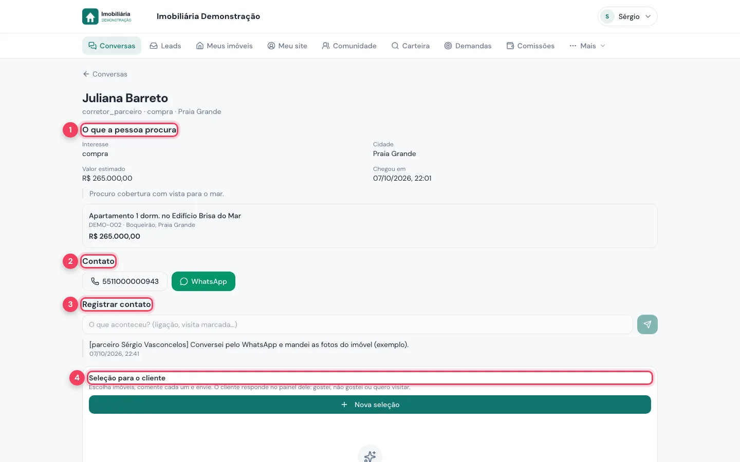 Ficha do lead no computador com O que a pessoa procura, Contato, Registrar contato e Seleção para o cliente marcados
