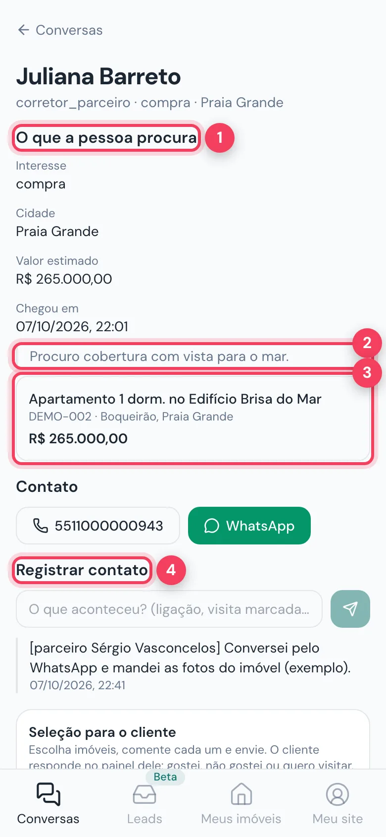 Lead aceito com O que a pessoa procura, mensagem do cliente, imóvel de interesse e Registrar contato marcados