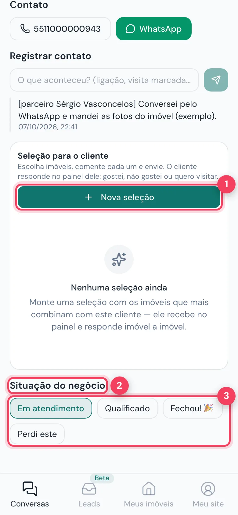 Ficha do lead com Nova seleção, Situação do negócio e opções de situação marcados