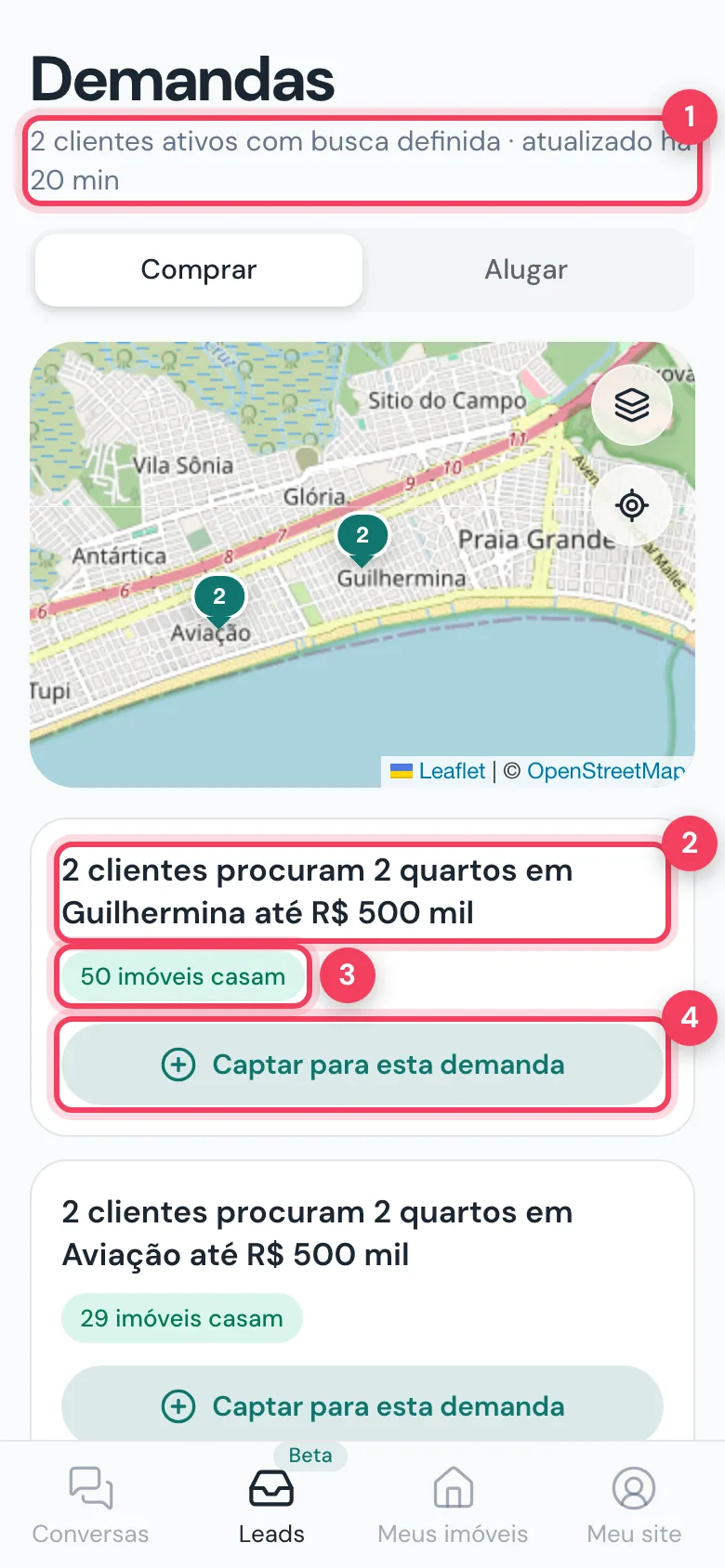 Demandas com total de clientes ativos, demanda por bairro, imóveis que casam e Captar para esta demanda marcados
