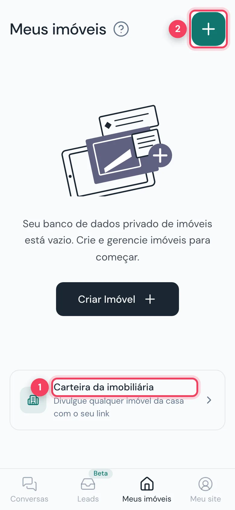 Meus imóveis com Carteira da imobiliária e botão de adicionar marcados