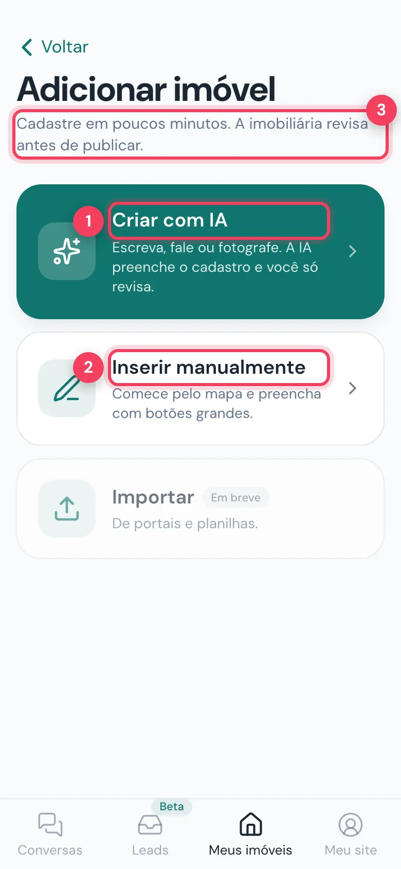 Adicionar imóvel com Criar com IA, Inserir manualmente e aviso de revisão marcados