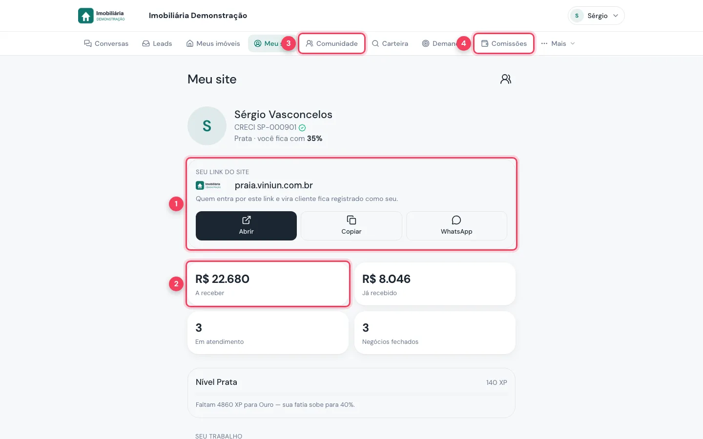 Meu site no computador com link, A receber e menus Comunidade e Comissões marcados