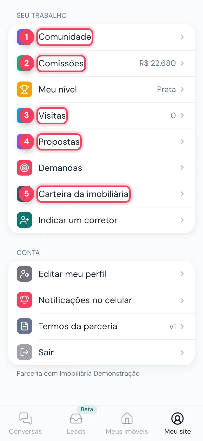 Menu Seu trabalho com Comunidade, Comissões, Visitas, Propostas e Carteira da imobiliária marcados