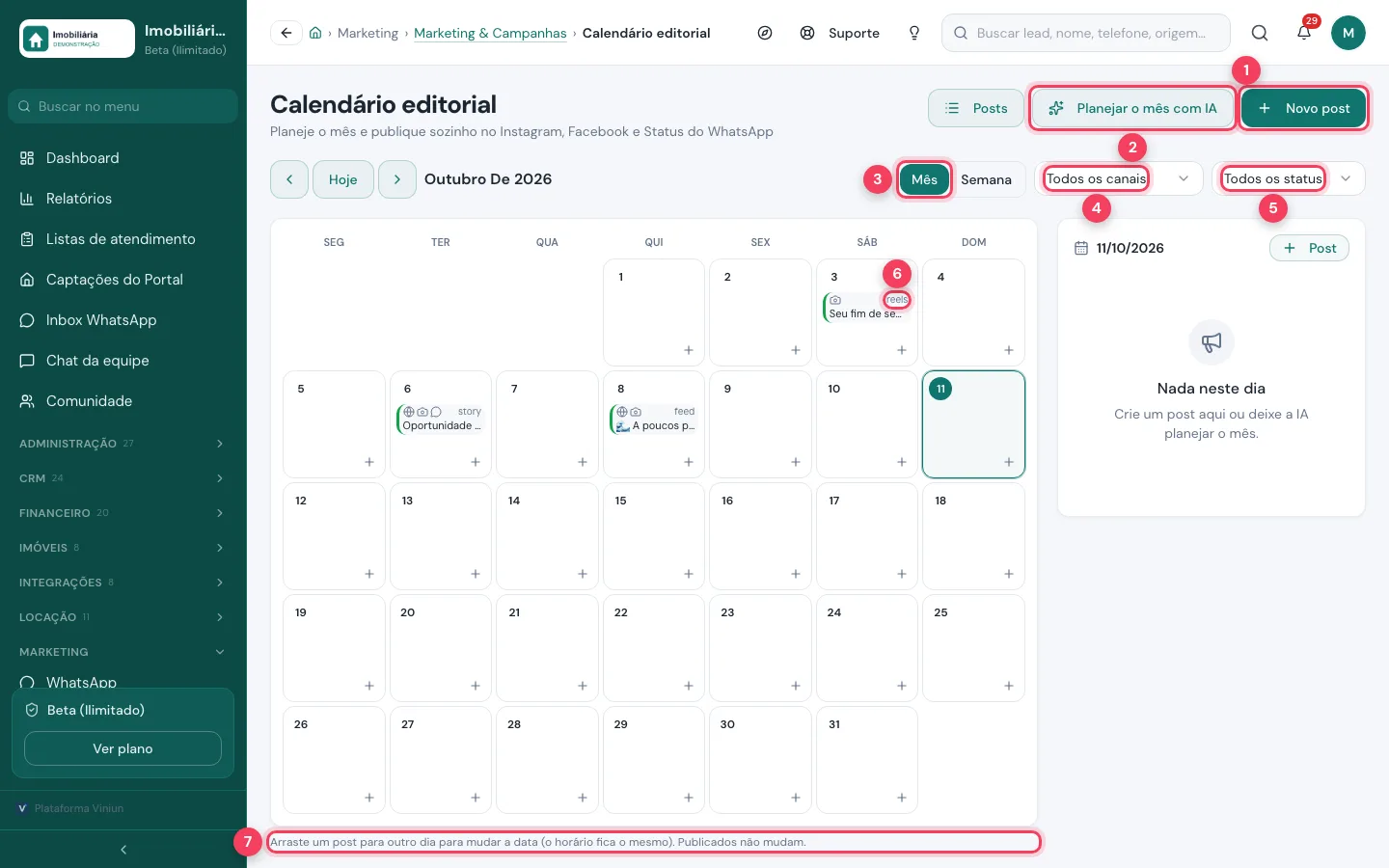 Calendário editorial da Viniun com Novo post, Planejar o mês com IA, visão Mês, filtros e um post marcados