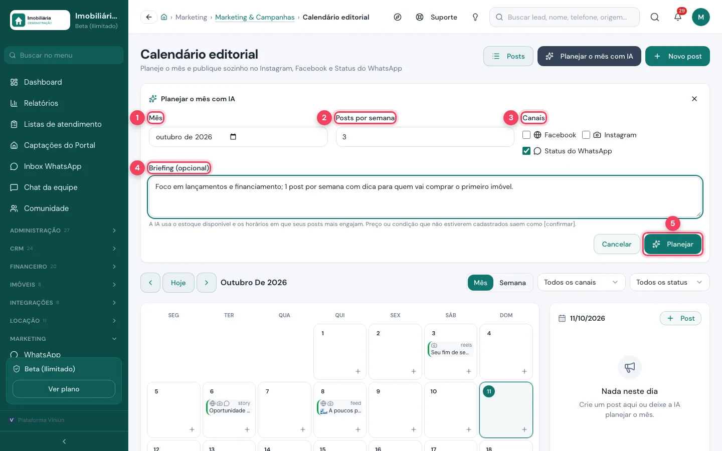 Painel Planejar o mês com IA com mês, posts por semana, canais, briefing e o botão Planejar marcados