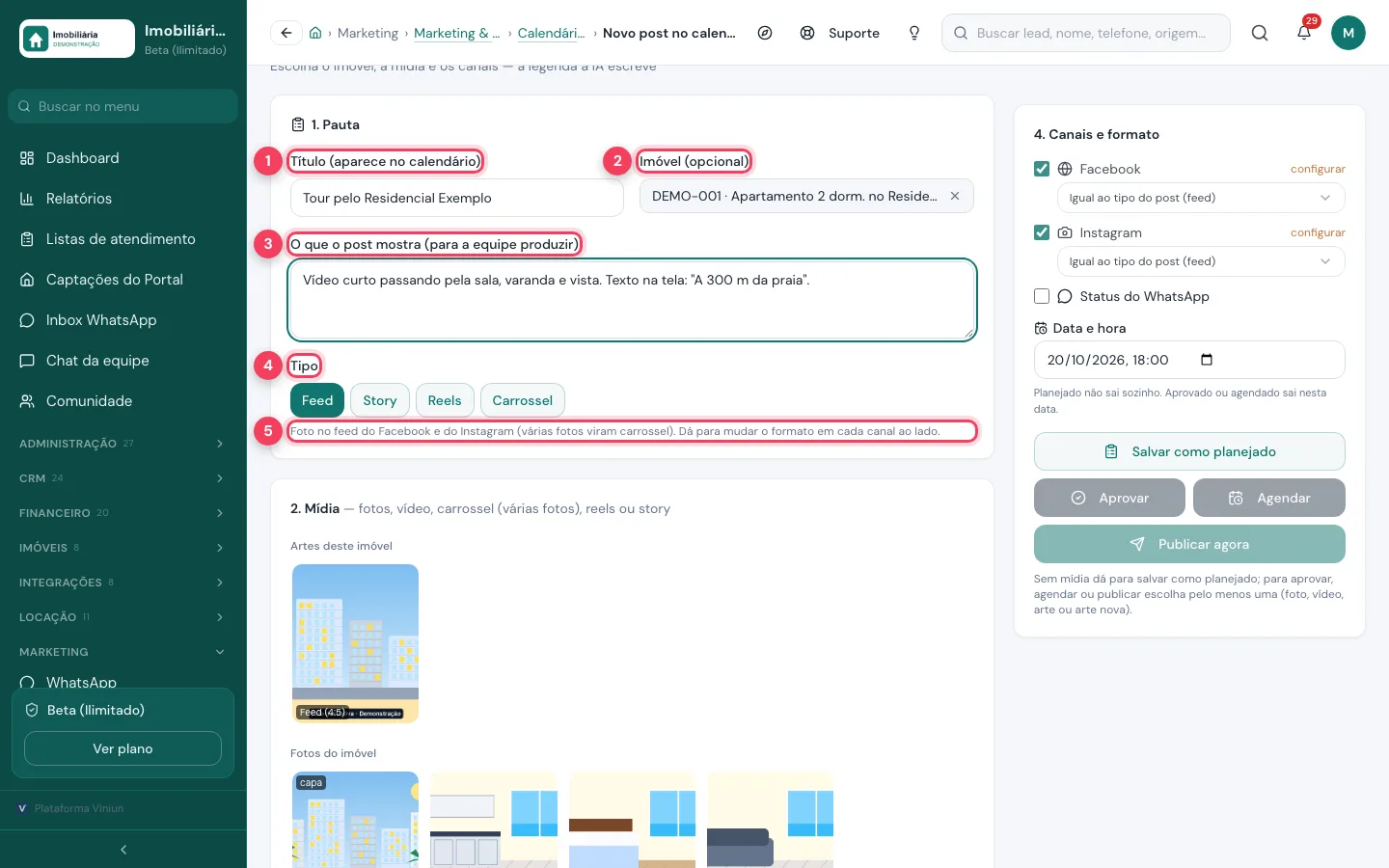 Seção Pauta do novo post com título, imóvel, o que o post mostra e tipo marcados