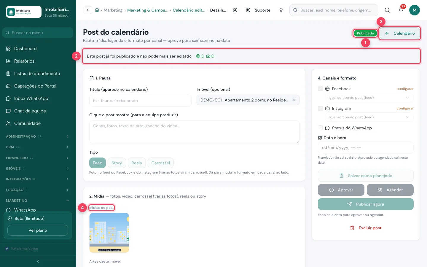 Detalhe de um post publicado com a etiqueta Publicado, o aviso, o botão Calendário e as mídias do post marcados