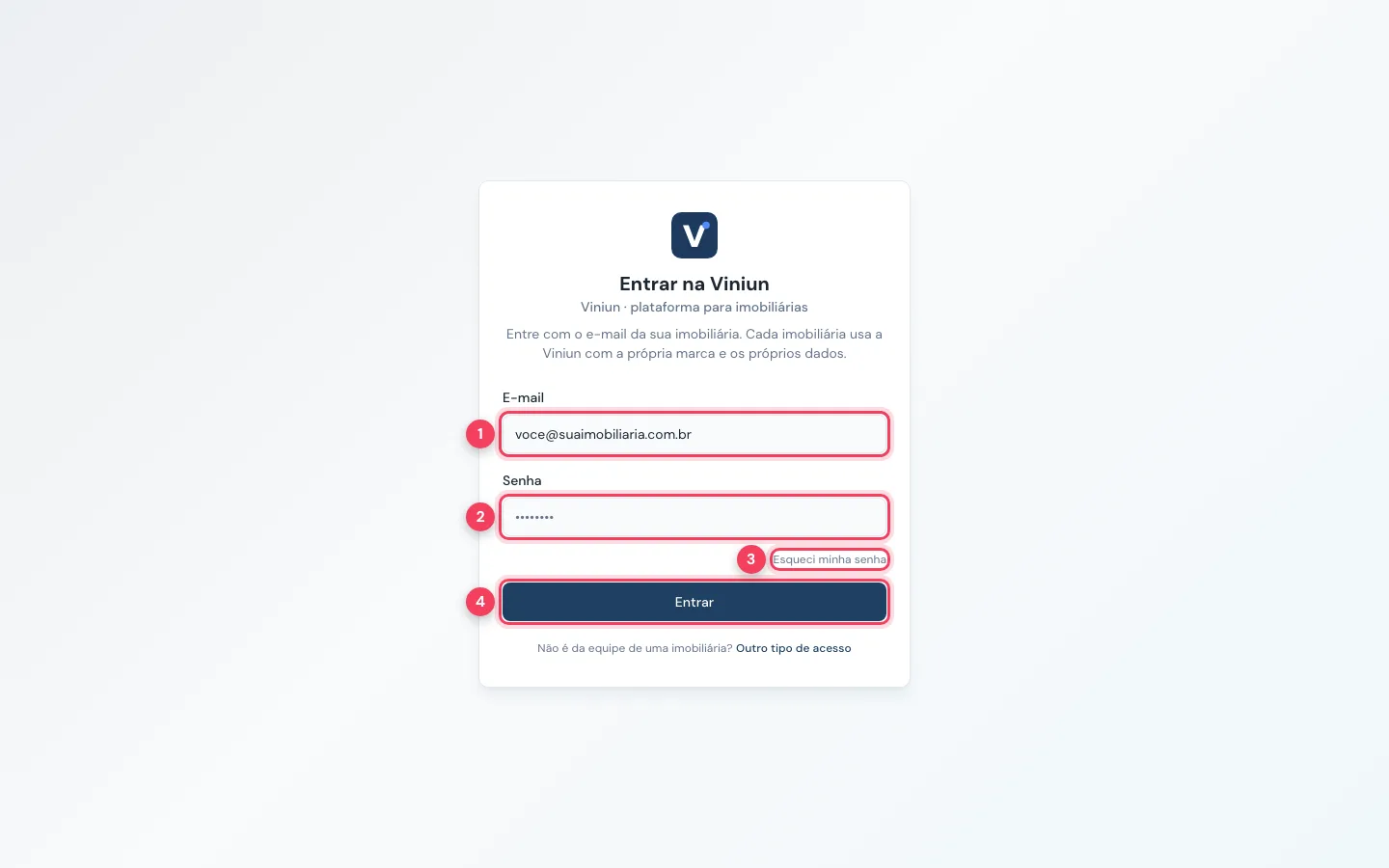 Tela de entrada da Viniun com os campos de e-mail e senha marcados