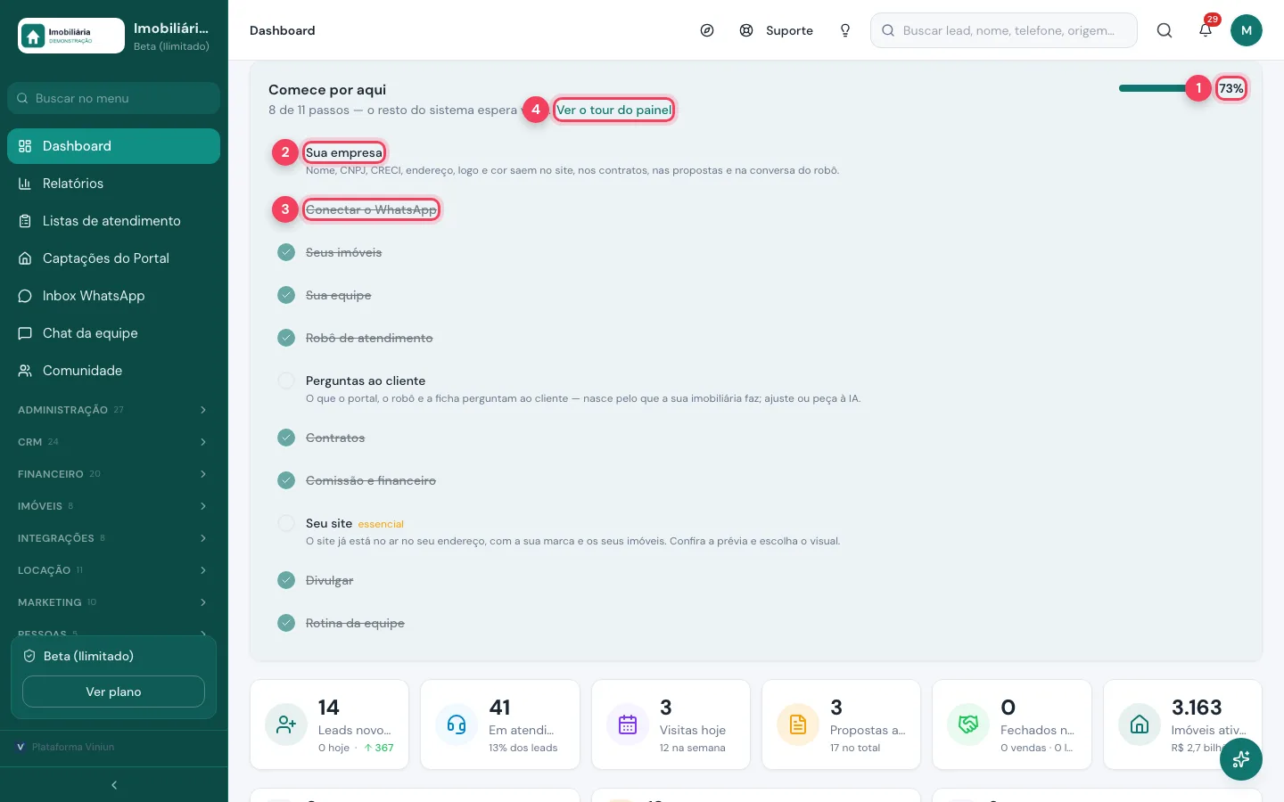 Lista Comece por aqui com a barra de progresso e os passos de configuração marcados