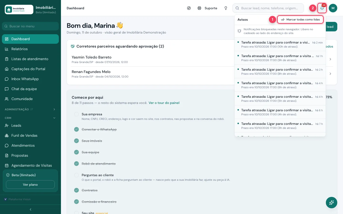 Painel de avisos aberto com o botão Marcar todas como lidas