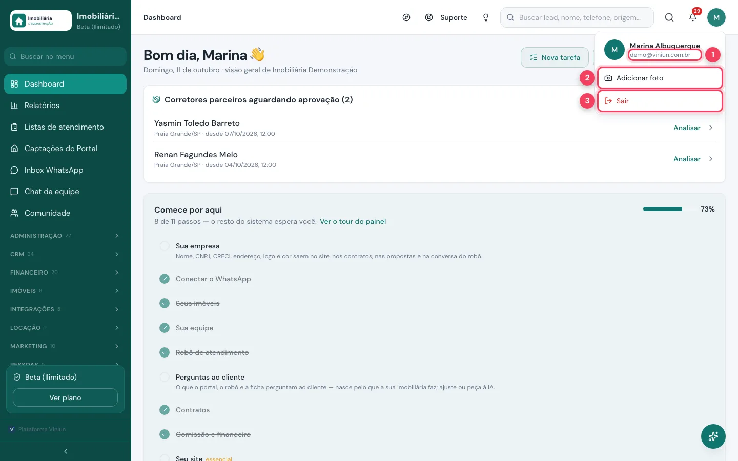 Menu da conta aberto com e-mail, Adicionar foto e Sair