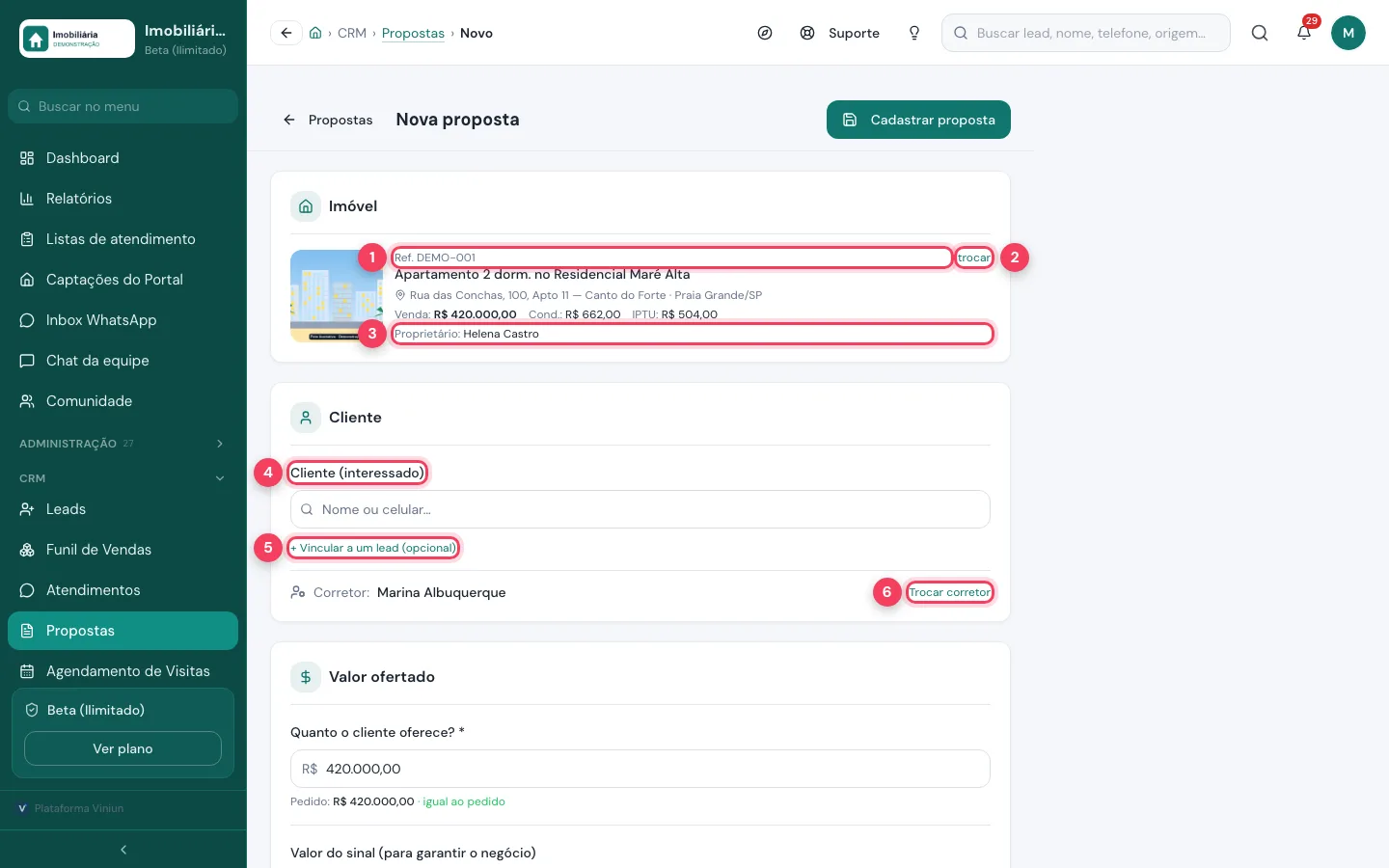 Nova proposta com o resumo do imóvel e os campos do cliente