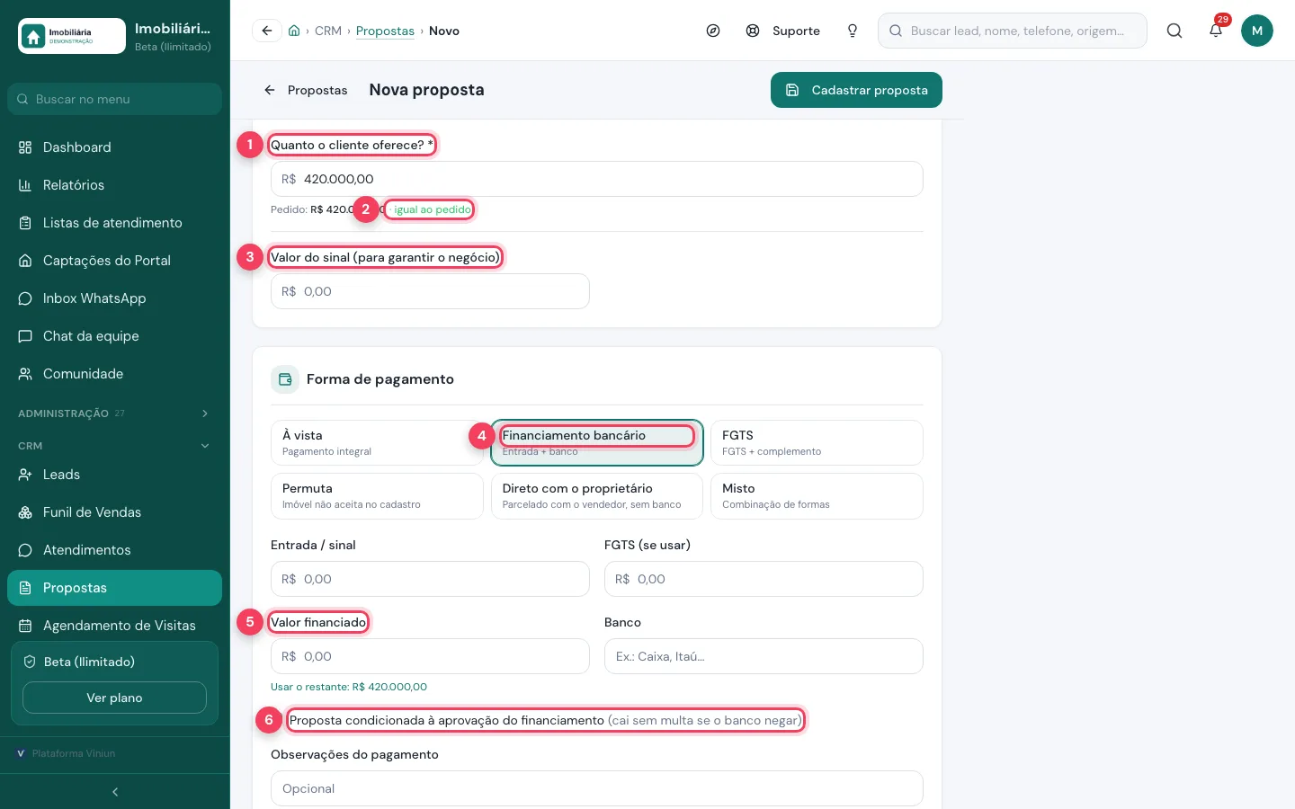Valor ofertado, sinal e forma de pagamento com financiamento bancário