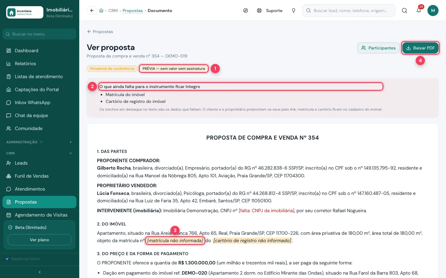 Documento da proposta com prévia, pendências e dados em destaque