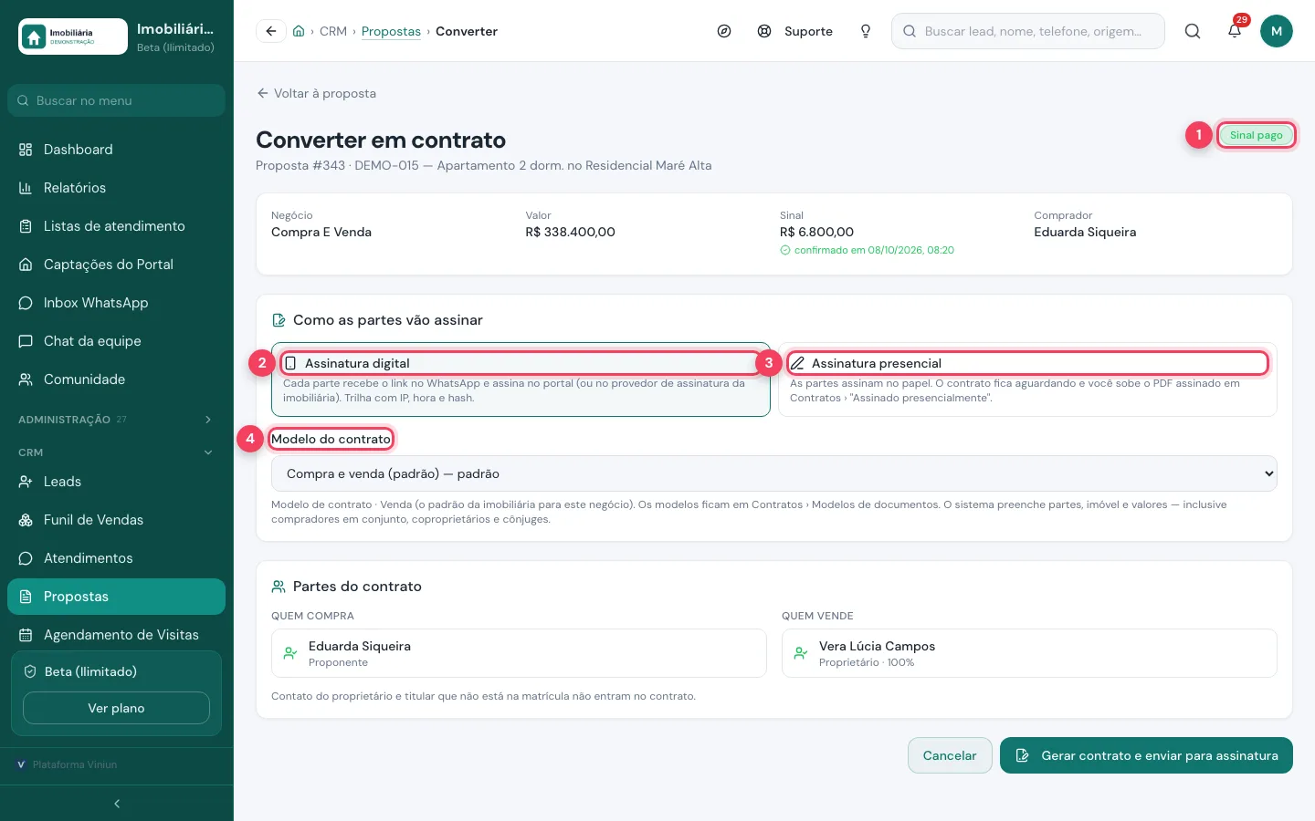 Tela Converter em contrato com assinatura digital ou presencial e modelo do contrato