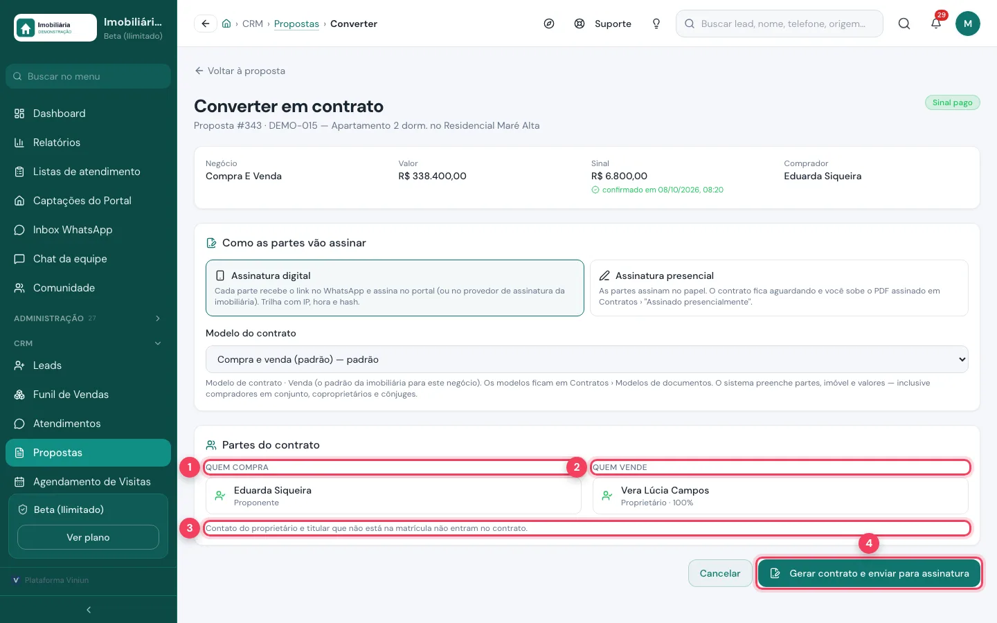 Partes do contrato e botão Gerar contrato e enviar para assinatura