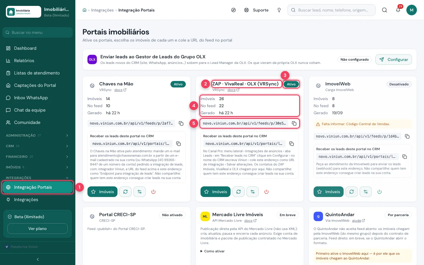 Tela Portais imobiliários da Viniun com o menu, o cartão do ZAP VivaReal OLX, o estado, os números e a URL do feed marcados