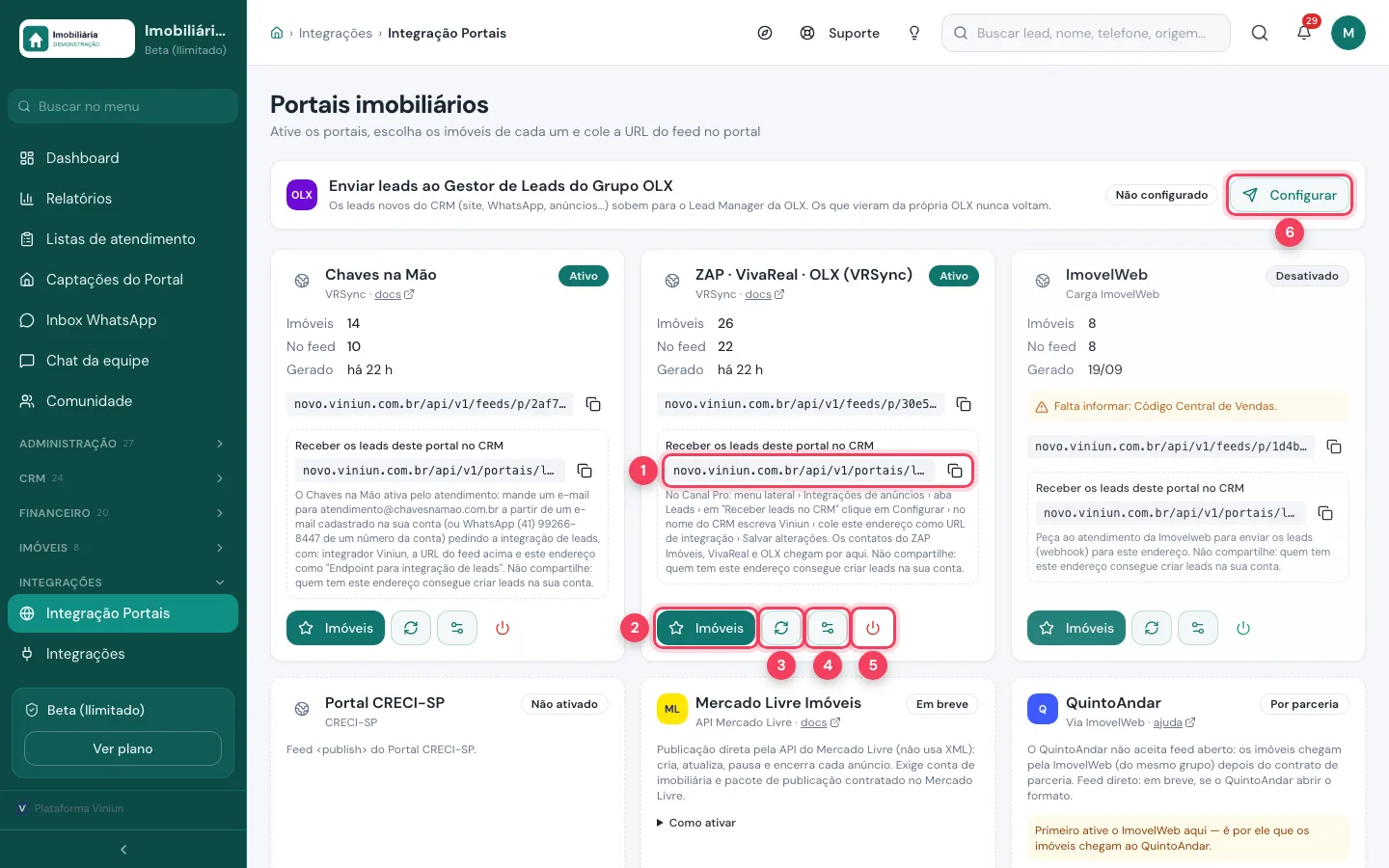 Cartão do portal com a URL de leads, os botões Imóveis, gerar, configuração, desativar e o Configurar do Gestor de Leads OLX marcados