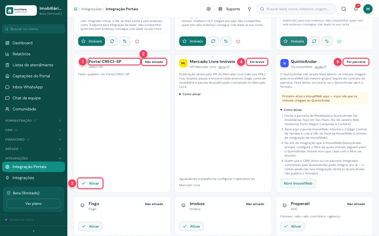 Portais não ativados com Portal CRECI-SP, o botão Ativar e as etiquetas Em breve e Por parceria marcados