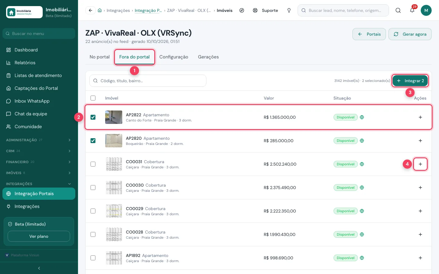 Aba Fora do portal com dois imóveis selecionados, o botão Integrar 2 e o botão de integrar um imóvel marcados