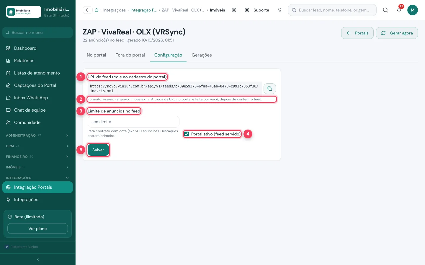 Aba Configuração do portal com URL do feed, formato, limite de anúncios, portal ativo e Salvar marcados