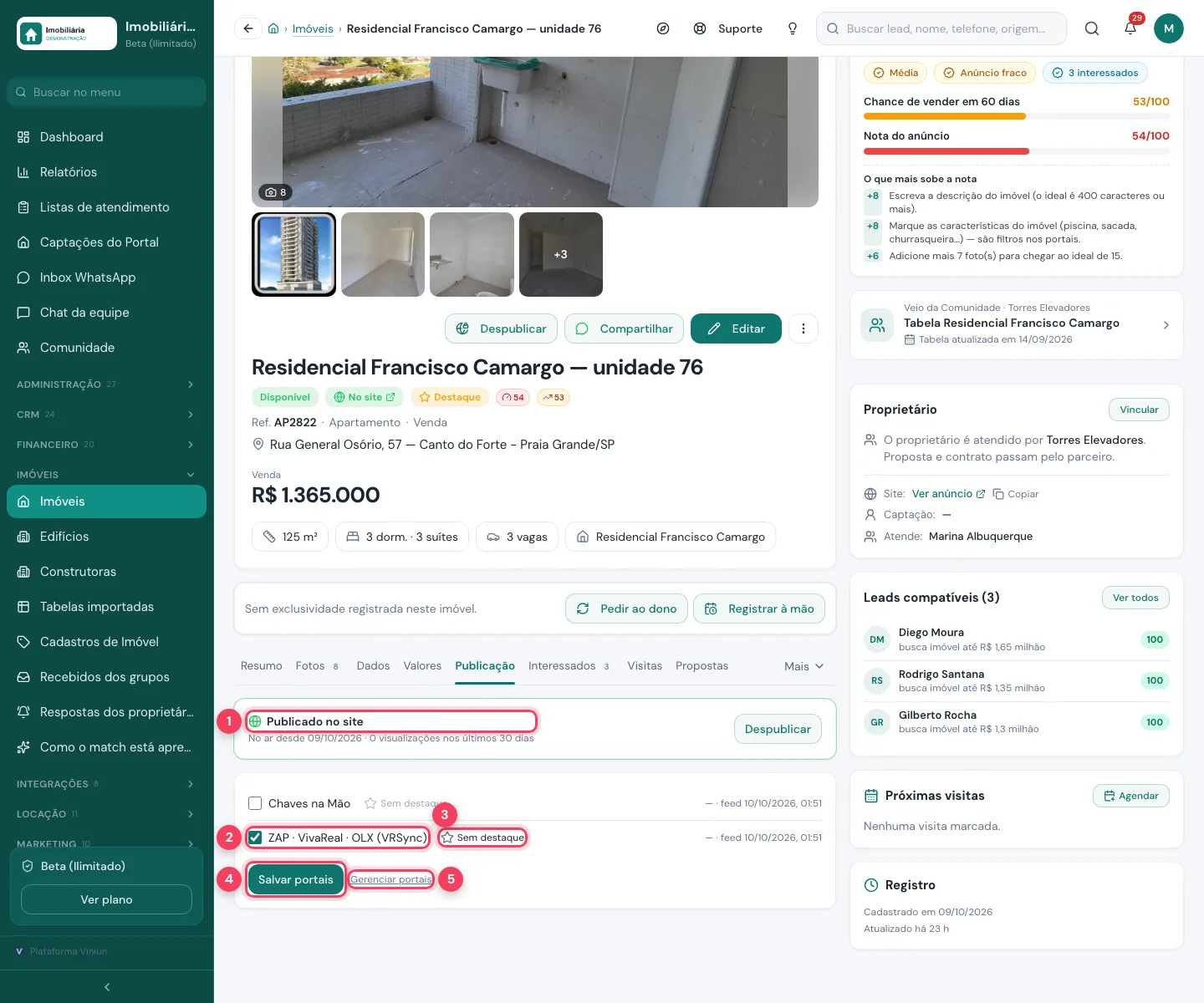 Aba Publicação do imóvel com Publicado no site, o portal marcado, o destaque, Salvar portais e Gerenciar portais marcados