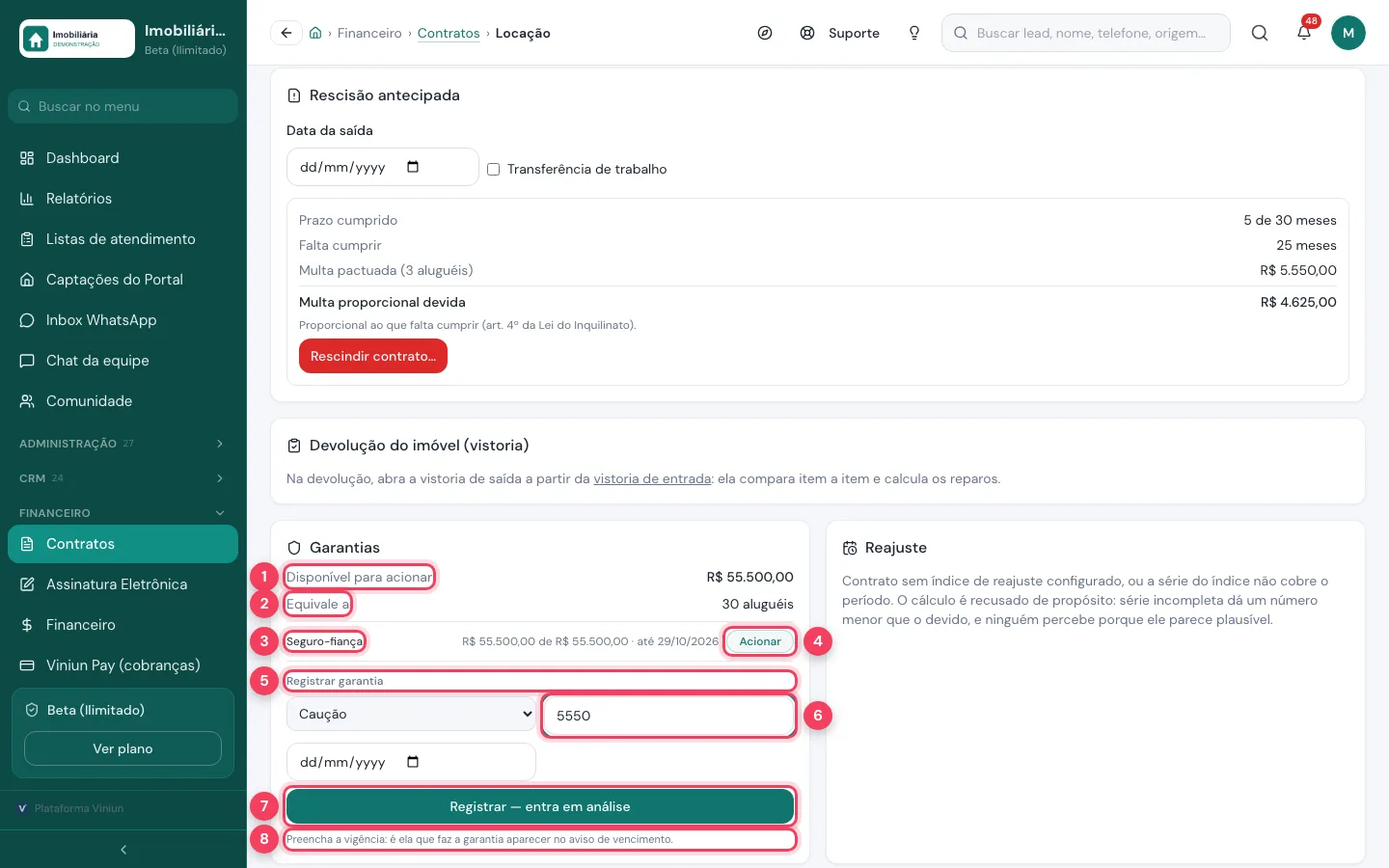 Bloco Garantias do contrato com valor disponível, garantia ativa, acionar e registrar garantia
